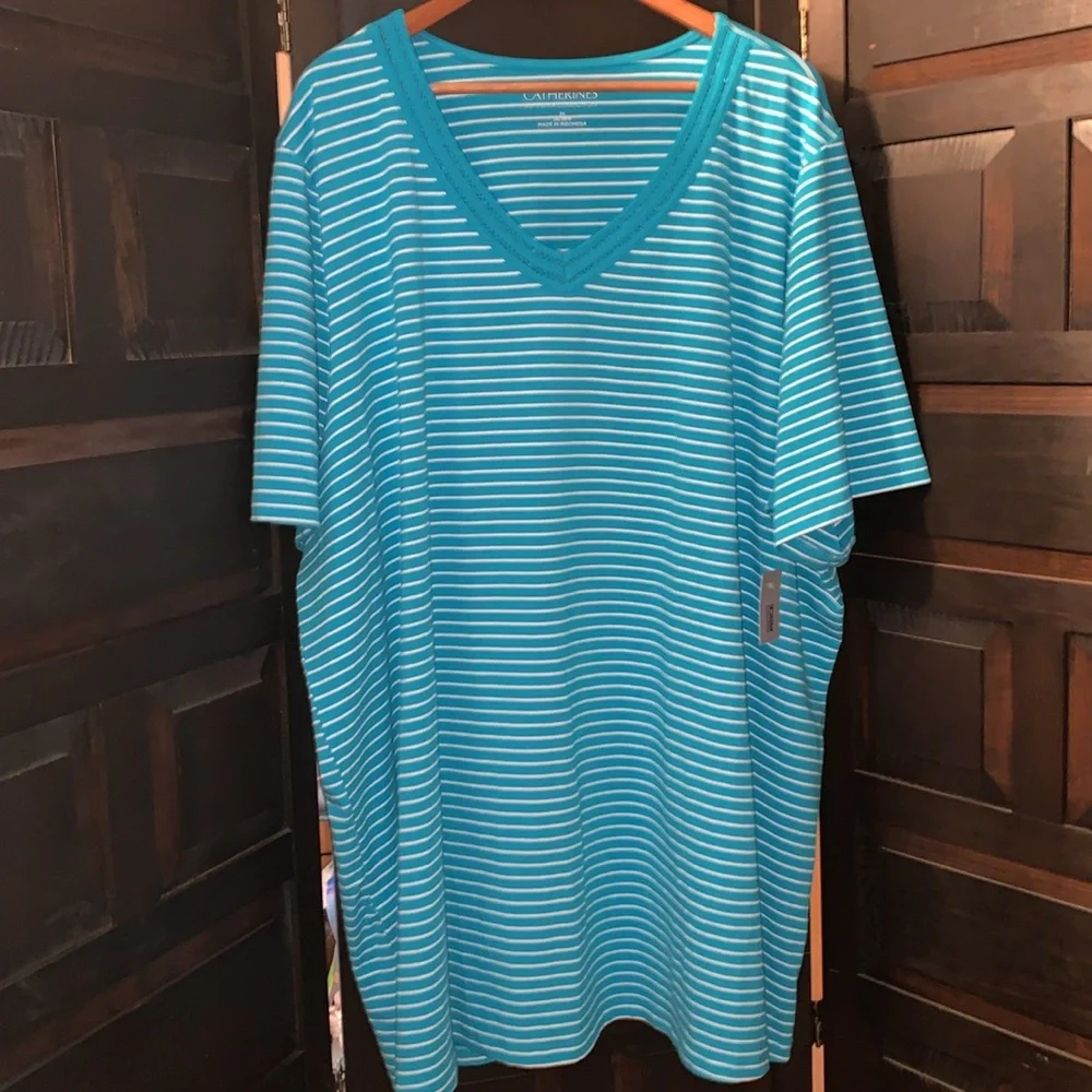 Catherine’s Teal Blue & White Striped V-Neck t-shirt women’s 3XL , 26-28W, NWT - Picture 9 of 9